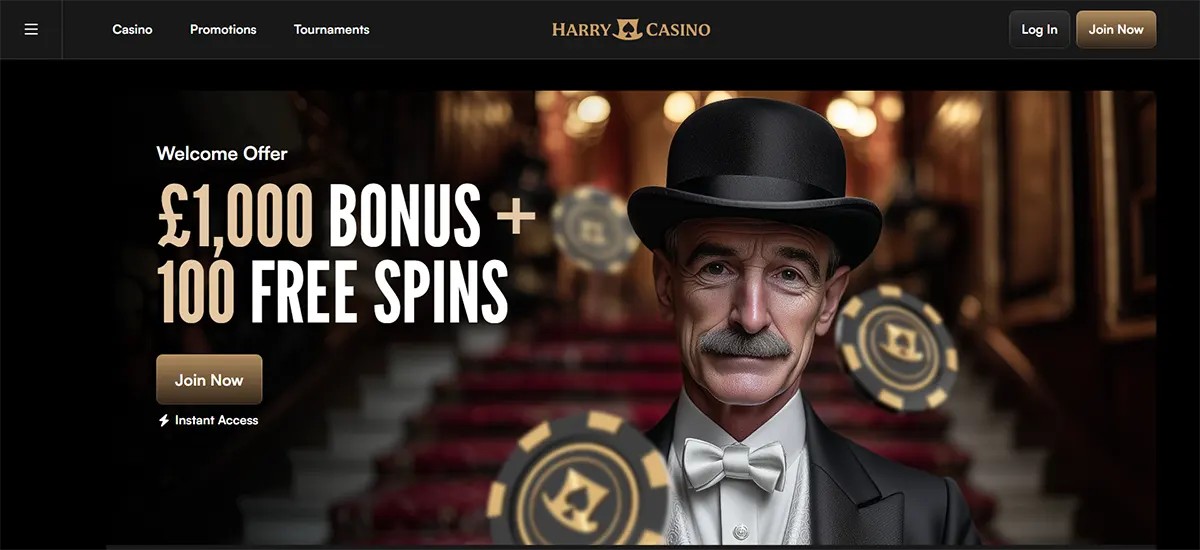 Harry Casino homepage hero banner featuring a gentleman in a black top hat with floating casino chips, promoting a £1,000 bonus plus 100 free spins, with navigation links and gold “Log In” and “Join Now” buttons.