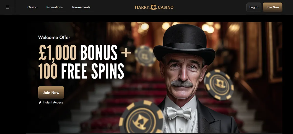 Harry Casino homepage hero banner featuring a gentleman in a black top hat with floating casino chips, promoting a £1,000 bonus plus 100 free spins, with navigation links and gold “Log In” and “Join Now” buttons.