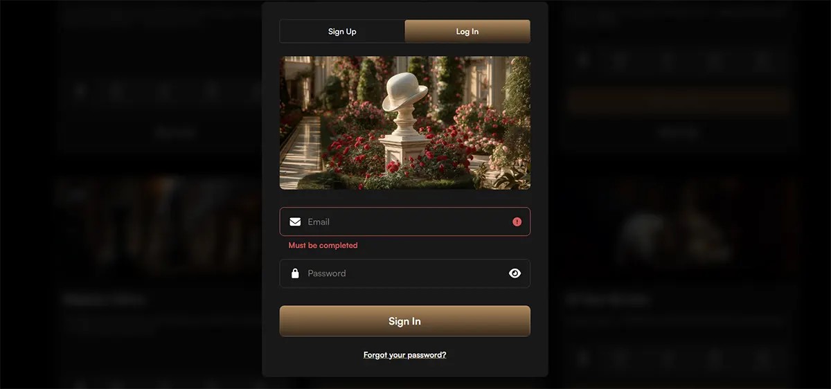 Casino login popup with sign-up and log-in tabs, a luxury garden banner image, email and password fields, a gold “Sign In” button, and a forgot password link on a dark background.