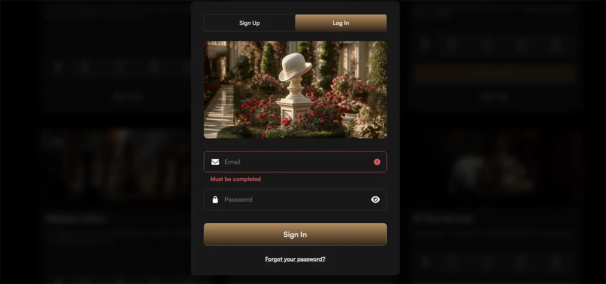 Casino login popup with sign-up and log-in tabs, a luxury garden banner image, email and password fields, a gold “Sign In” button, and a forgot password link on a dark background.